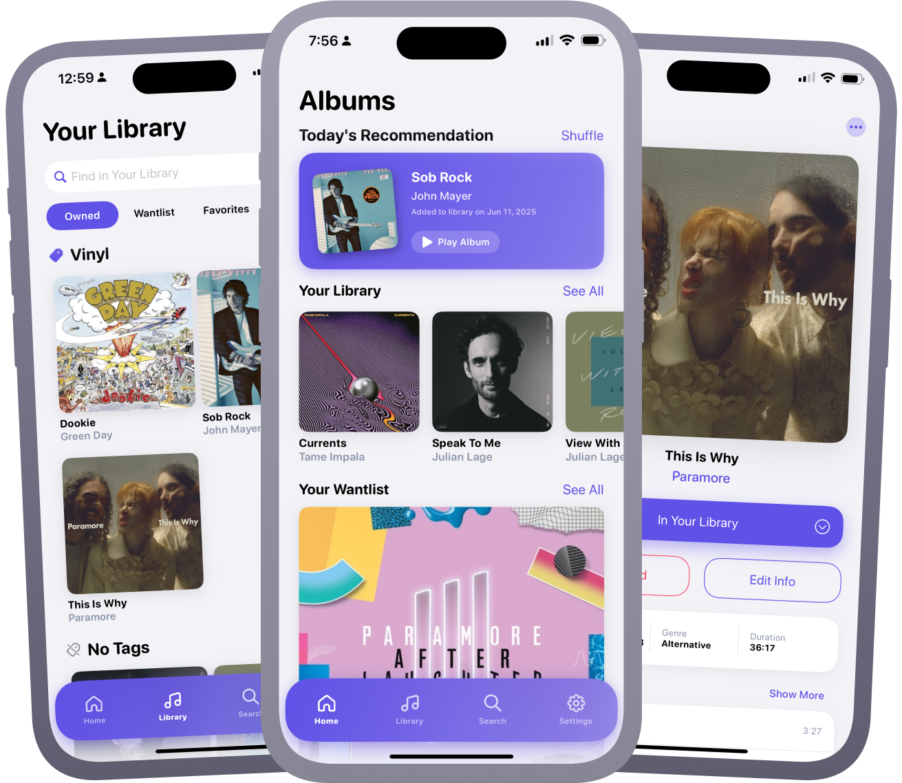 Albums app smart music discovery feature showing artist profiles and album search results