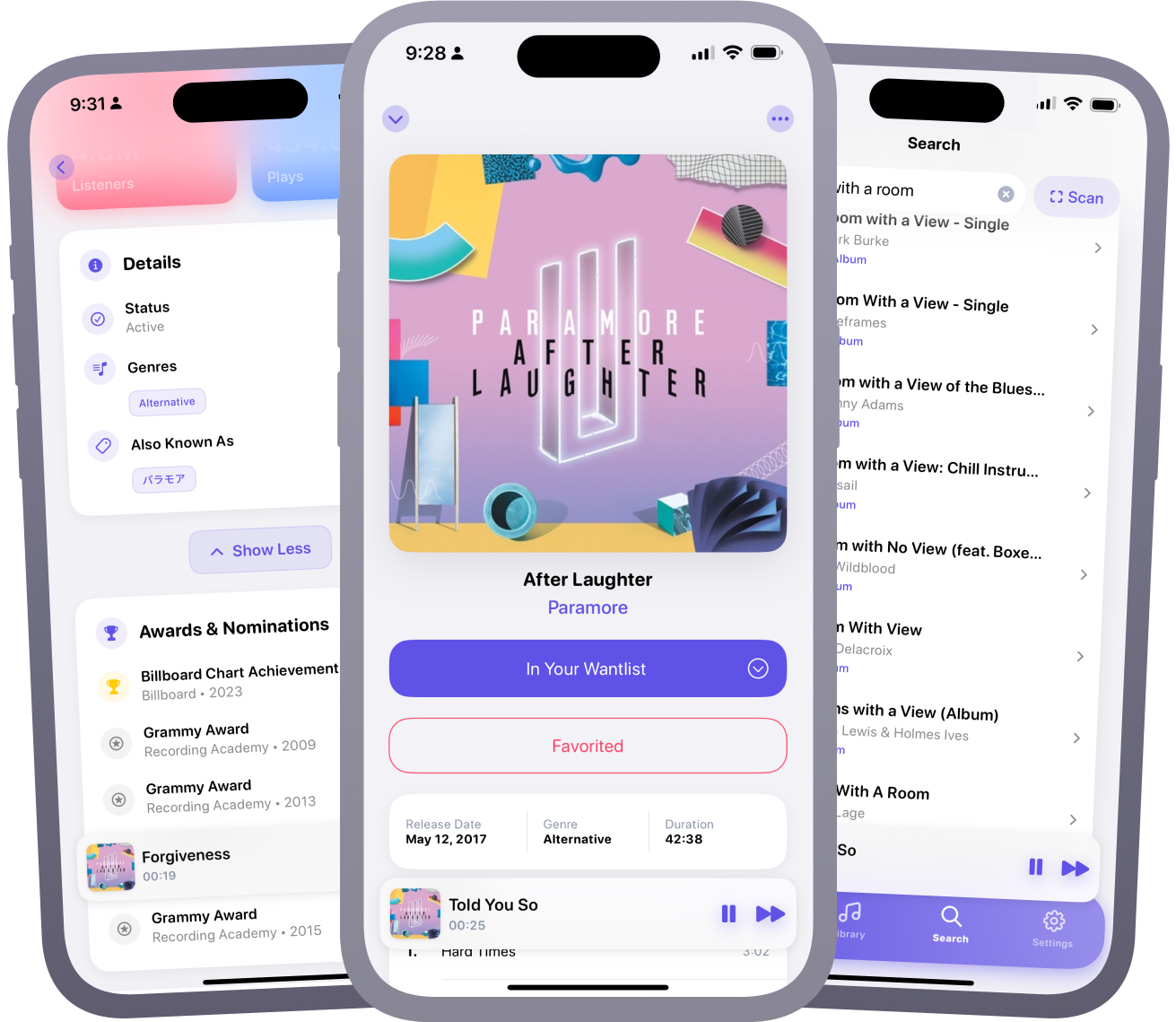 Albums app Apple Music integration showing instant playback of cataloged music collection